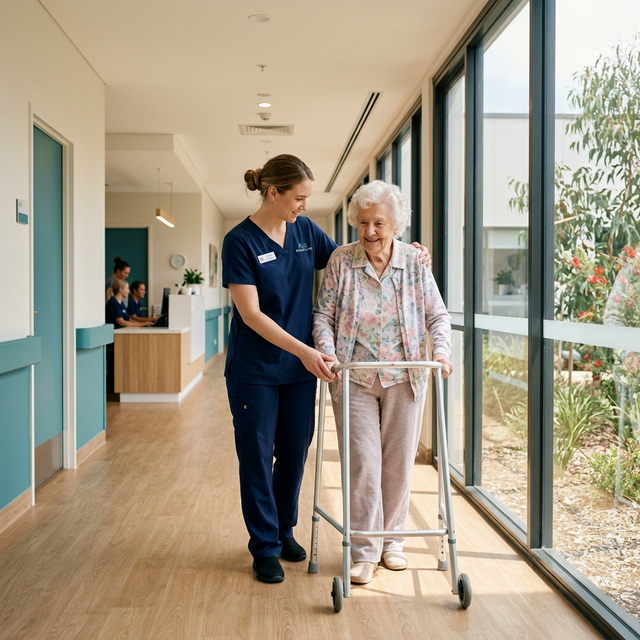 Nurse caring for elderly patient in aged care facility